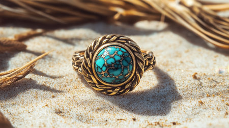 This stunning vintage ring showcases a vibrant turquoise stone set in a detailed gold design, resting gracefully on sandy beach. Perfect for fashion enthusiasts.の素材