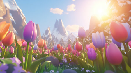 A stunning display of vibrant tulip flowers in various colors fills the foreground, framed by majestic mountains and soft sunlight in the background.の素材