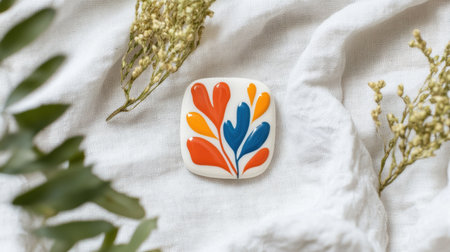 A colorful artistic ceramic tile featuring a vibrant floral design rests on soft fabric, highlighting creativity and elegance in home decor. Perfect for aesthetic arrangements.の素材