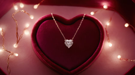 A stunning heart-shaped diamond necklace sits gracefully in a plush velvet jewelry box, surrounded by enchanting fairy lights, perfect for gifting.の素材