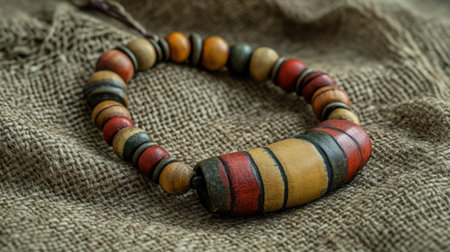 This handcrafted wooden necklace features vibrant colors and unique designs, perfect for adding a bohemian touch to any outfit. Displayed elegantly on burlap.の素材