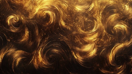 This abstract image features swirling golden patterns set against a rich background, conveying luxury and elegance, perfect for various design applications.の素材