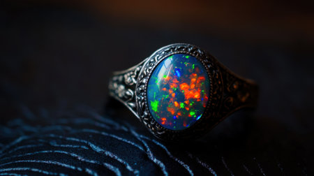 This stunning silver ring features a vibrant opal stone that showcases a mesmerizing array of colors against a dark background, perfect for jewelry enthusiasts.の素材