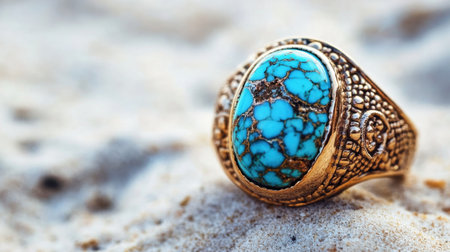 A stunning vintage ring featuring a beautifully detailed turquoise stone, set in an ornate metal band, resting on soft sandy beach.の素材