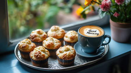 Brighten your morning with a cozy breakfast scene featuring muffins and a cup of coffee with a cheerful greeting. Perfect for a warm start!の素材