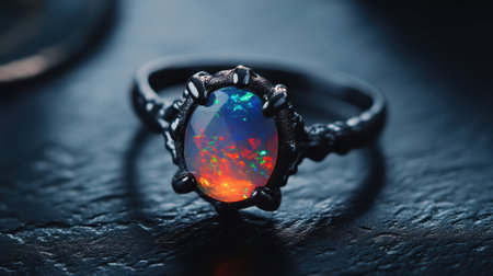 This stunning vintage black-ring highlights a colorful opal gemstone, perfect for elegant occasions. The intricate design adds charm and beauty.の素材