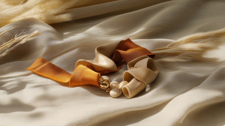 This image features a refined composition of textured ribbons in warm tones and elegant beads, set against a soft fabric backdrop, embodying artistic fashion.の素材