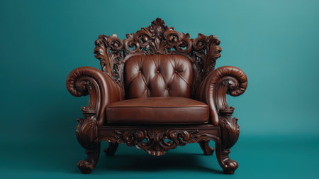 A stunning ornate brown leather armchair featuring intricate carvings, perfect for enhancing any interior space with elegance and luxury.の素材
