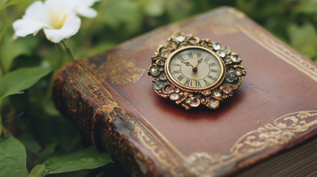 A stunning vintage clock rests on an antique book, surrounded by lush greenery and a delicate white flower, creating a serene and elegant atmosphere.の素材
