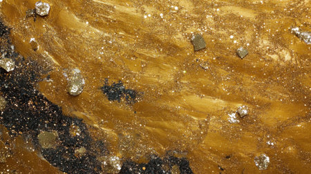 Close-up view of a rich golden texture with sparkling elements and dark details, ideal for creative and artistic projects, enhancing visual appeal.の素材