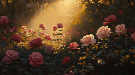 A captivating scene featuring blooming roses illuminated by gentle sunlight, creating a tranquil and romantic atmosphere in a lush garden.の素材