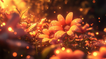 This enchanting image captures soft glowing petals of blossoms adorned with sparkling dew, creating a serene and dreamy garden atmosphere.の素材