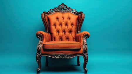 This striking vintage armchair in rich orange upholstery features intricate detailing, set against a vibrant teal background, ideal for stylish decor.の素材