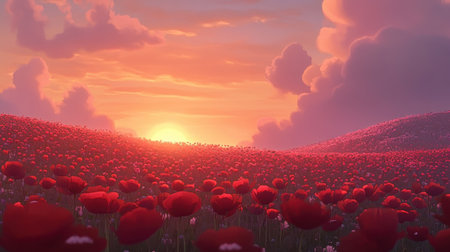 A stunning sunset casts a warm glow over a vibrant field of red poppies, surrounded by soft colorful clouds and a beautiful horizon, perfect for nature lovers.の素材