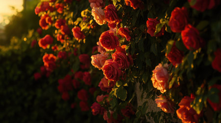 A stunning view of a rose garden filled with vibrant blossoms, illuminated by the soft glow of the golden hour, creating a serene and picturesque scene.の素材