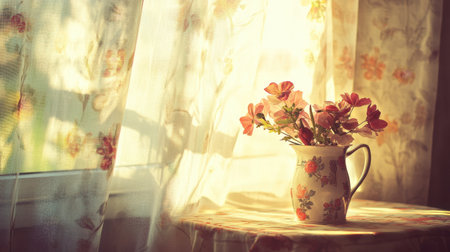 A serene composition featuring a vintage floral vase filled with colorful fresh flowers beside a softly lit window, creating a peaceful home atmosphere.の素材