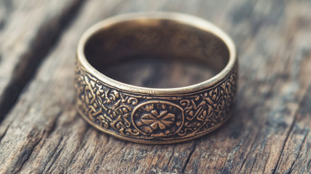 This vintage ornate bronze ring features intricate carvings and textures, elegantly resting on a weathered wooden surface, highlighting timeless beauty and craftsmanship.の素材