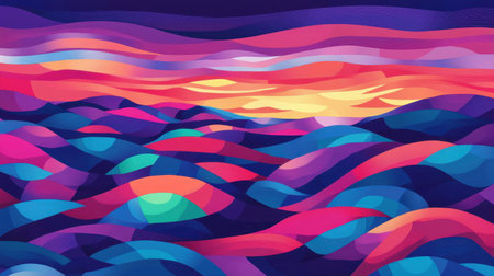 Experience a mesmerizing abstract landscape featuring colorful waves and a stunning sunset in rich gradient hues, evoking tranquility and creativity.の素材