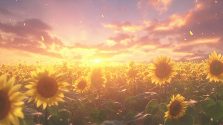 A captivating view of a sunflower field during sunset, showcasing vibrant flowers under a colorful sky filled with soft clouds, radiating warmth and tranquility.の素材