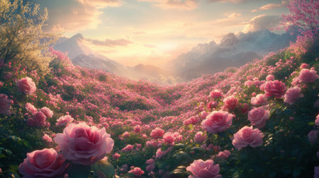 A picturesque landscape showcasing a vast field of blooming roses under a vibrant sunset, surrounded by majestic mountains in the background.の素材