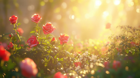 A beautiful scene capturing vibrant pink roses blooming in soft light, surrounded by delicate flowers and lush greenery, creating a serene atmosphere.の素材