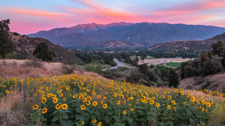 A breathtaking view of a sunflower field in full bloom, set against a breathtaking sunset and rolling hills. The scene captures the serene beauty of nature.の素材