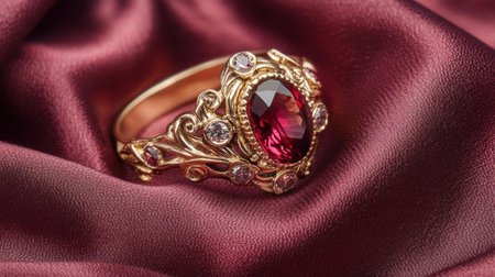This stunning vintage gold ring showcases a prominent red gem surrounded by sparkling crystals, set against a rich satin background, symbolizing luxury and elegance.の素材