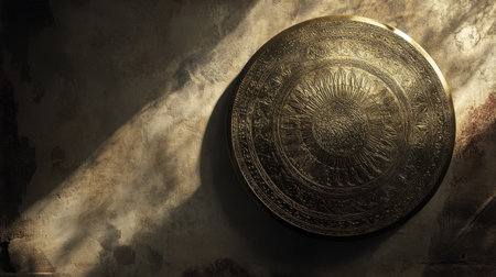 A beautifully crafted vintage shield displayed against a weathered wall, illuminated by soft light that highlights intricate patterns and textures, creating an atmospheric scene.の素材