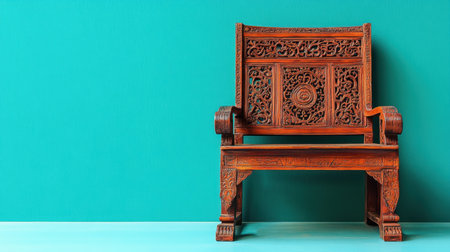 This image features an intricate wooden chair set against a bright turquoise wall, showcasing exquisite craftsmanship and artistic details in a minimalist space.の素材