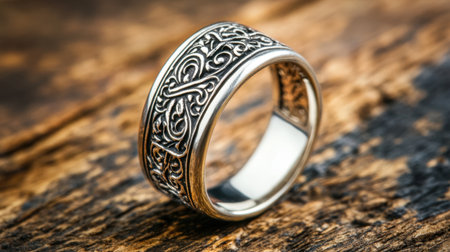 Captivating silver ring featuring detailed vintage design, ideal for jewelry enthusiasts seeking unique pieces. Set against a rustic wooden background.の素材