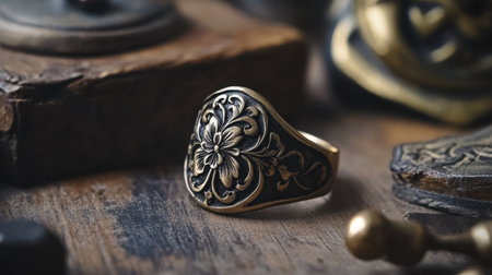A close-up view of a vintage decorative ring featuring an intricate floral design. The ring rests on a rustic wooden surface, embodying craftsmanship and elegance.の素材