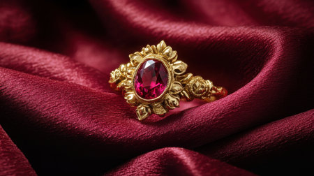 This exquisite gold ring features an oval ruby set in an ornate floral design, resting on luxurious burgundy satin, capturing elegance and beauty.の素材