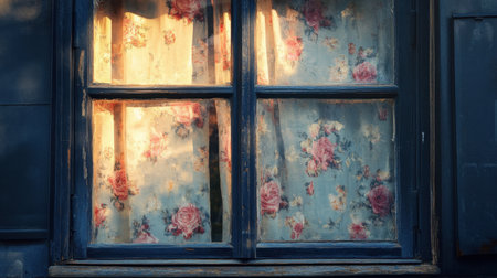 A charming window with vintage floral curtains softly illuminated by sunlight, creating a warm and inviting atmosphere in a cozy urban setting.の素材