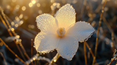 This close-up image captures a white flower adorned with dewdrops, beautifully illuminated by soft morning light. The serene background adds to the peaceful ambiance.の素材