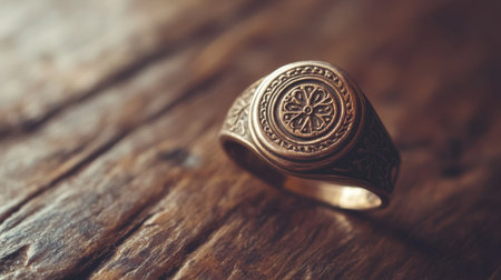 This stunning vintage ring features an intricate floral design, beautifully contrasting the warm wooden surface beneath. A perfect symbol of elegance and craftsmanship.の素材