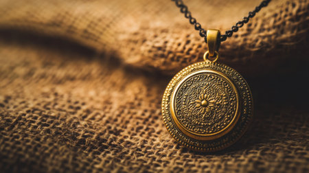A stunning vintage gold pendant resting on textured fabric, showcasing intricate patterns and warm tones, perfect for enhancing jewelry collections.の素材