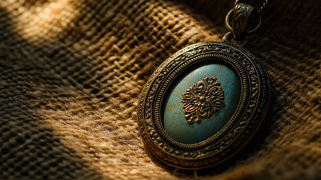 This captivating image showcases a vintage antique pendant featuring an intricate design and a stunning turquoise stone, resting on textured fabric.の素材