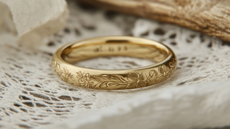 This stunning gold ring features exquisite floral engravings, showcasing fine craftsmanship and elegance, set against a delicate lace backdrop. Perfect for weddings or as a timeless accessory.の素材