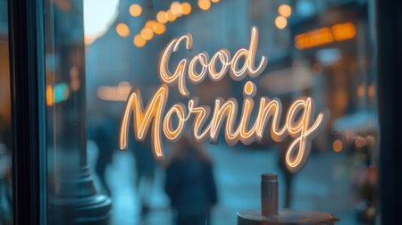 This image showcases a charming "Good Morning" sign glowing softly on a cafの素材