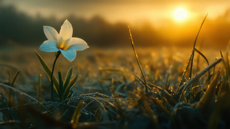 A stunning white flower stands gracefully amidst dewy grass as the sun rises in a tranquil landscape, capturing the essence of nature's beauty and serenity.の素材