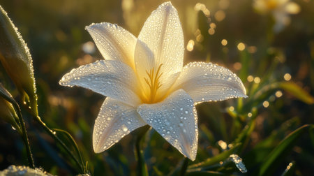 A stunning close-up of a white lily flower adorned with sparkling dew drops, beautifully capturing the essence of nature in the morning light.の素材