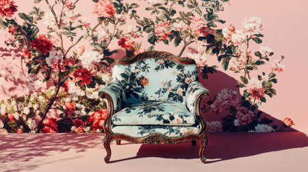 This image features an elegant vintage chair, beautifully upholstered with floral patterns, set against vibrant floral wallpaper. Perfect for decor inspiration.の素材