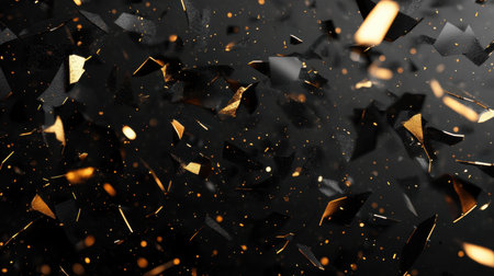A captivating abstract scene featuring shiny black and gold particles dynamically floating against a dark background, evoking motion and elegance.の素材
