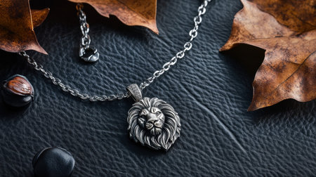 A stunning silver pendant necklace featuring a lion head design, elegantly placed among autumn leaves on a textured black background, perfect for fashion enthusiasts.の素材