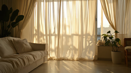 A serene living room scene featuring soft sunlight streaming through sheer curtains, casting gentle shadows on a tranquil space. Ideal for home decor themes.の素材