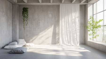 A serene minimalist interior space featuring soft textures, natural light, and greenery, perfect for relaxation and tranquility in modern living.の素材