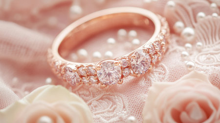 This stunning ring features a rose gold band adorned with sparkling gems, elegantly displayed on a soft lace background surrounded by delicate flowers and pearls.の素材
