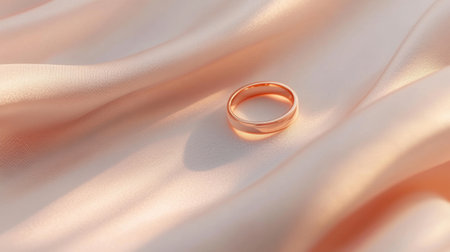 A stunning rose gold wedding ring delicately placed on soft, silky fabric, creating a serene composition that embodies elegance and romance. Perfect for wedding photography!の素材