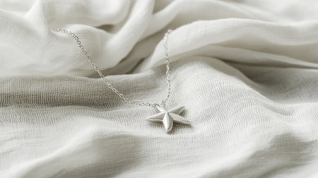 This image features a stunning silver star pendant necklace beautifully placed on luxurious white fabric, highlighting its intricate design and elegance.の素材