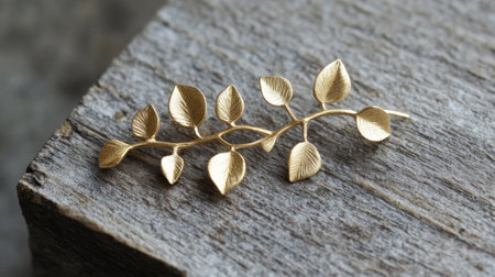This elegant gold leaf brooch showcases intricate design on a wooden background, perfect for fashion enthusiasts and jewelry lovers seeking unique accessories.の素材